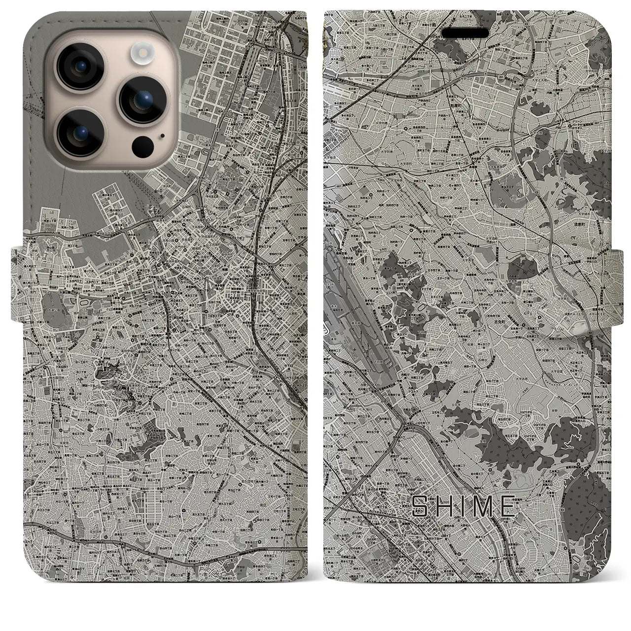 【志免(福岡県)】地図柄iPhoneケース(手帳タイプ)モノトーン・iPhone 16 Plus 用