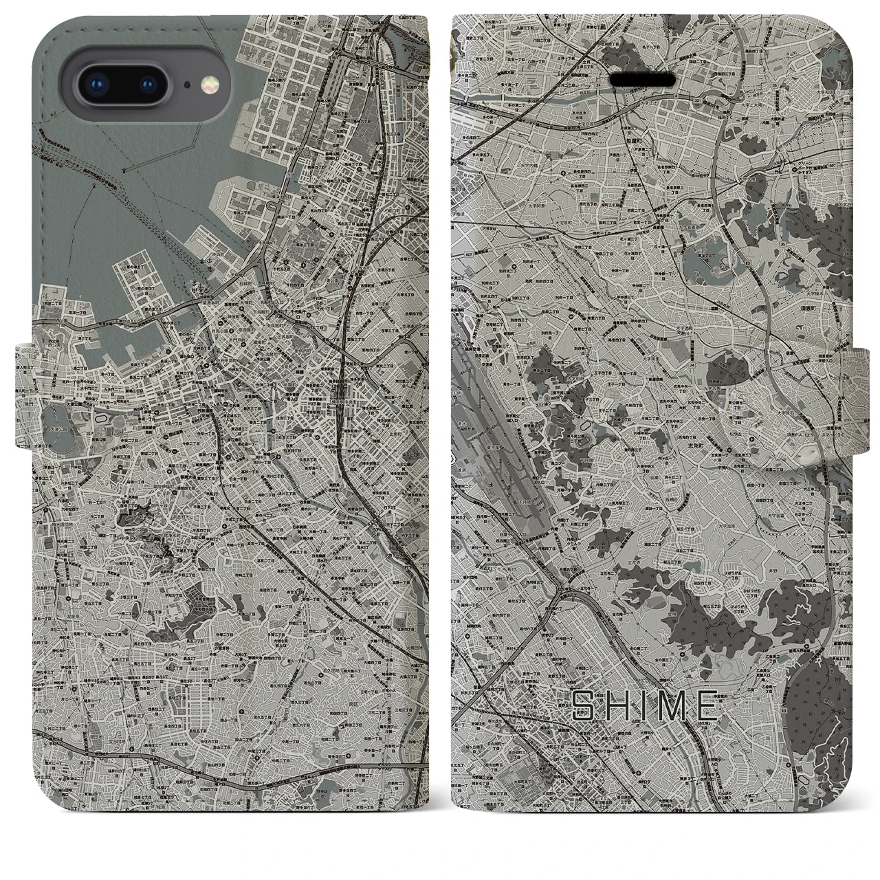 【志免(福岡県)】地図柄iPhoneケース(手帳タイプ)モノトーン・iPhone 8Plus /7Plus / 6sPlus / 6Plus 用
