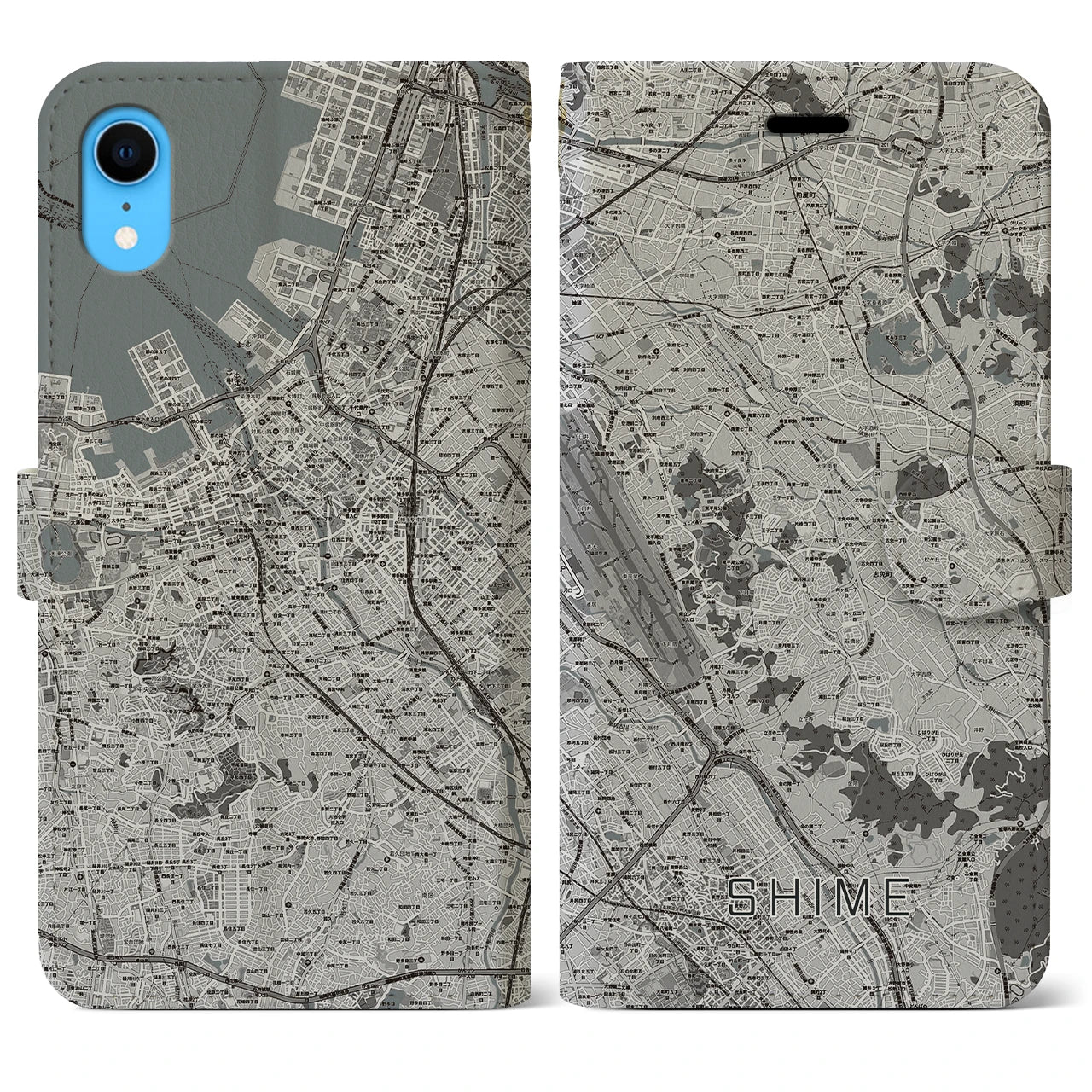 【志免(福岡県)】地図柄iPhoneケース(手帳タイプ)モノトーン・iPhone XR 用