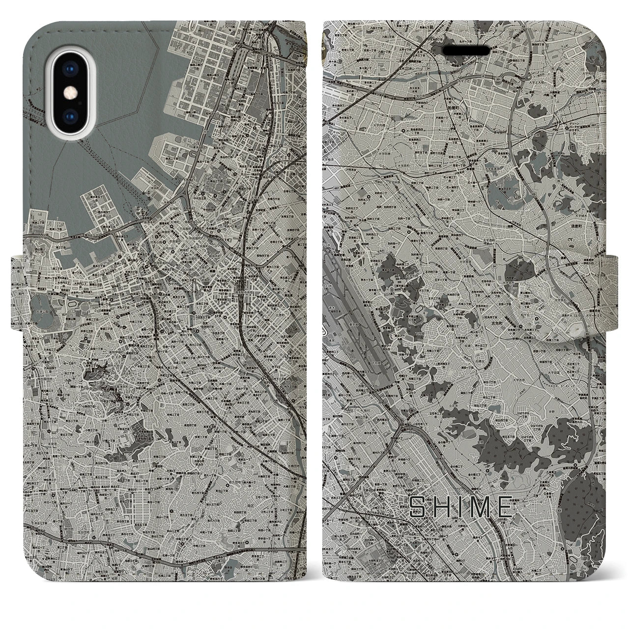 【志免(福岡県)】地図柄iPhoneケース(手帳タイプ)モノトーン・iPhone XS Max 用