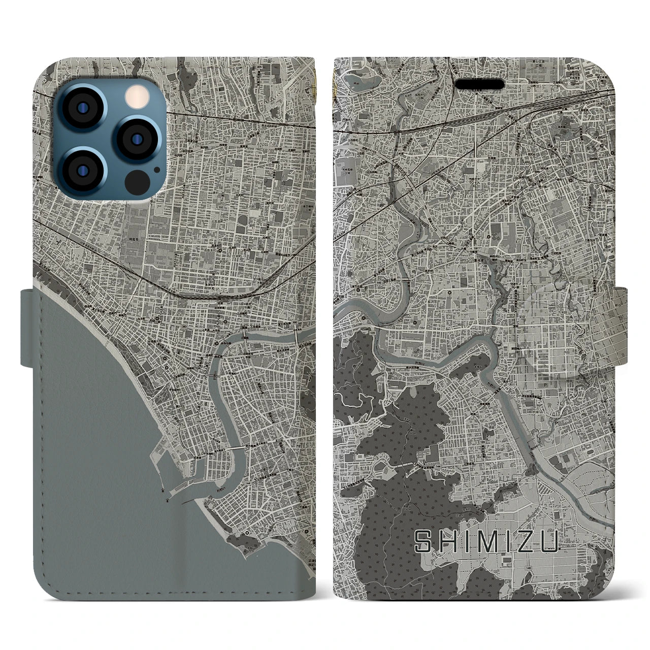 【清水(静岡県清水町)】地図柄iPhoneケース(手帳タイプ)モノトーン・iPhone 12 / 12 Pro 用