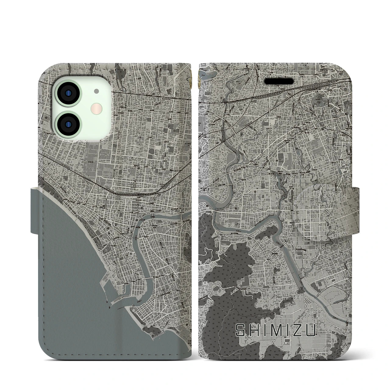 【清水(静岡県清水町)】地図柄iPhoneケース(手帳タイプ)モノトーン・iPhone 12 mini 用