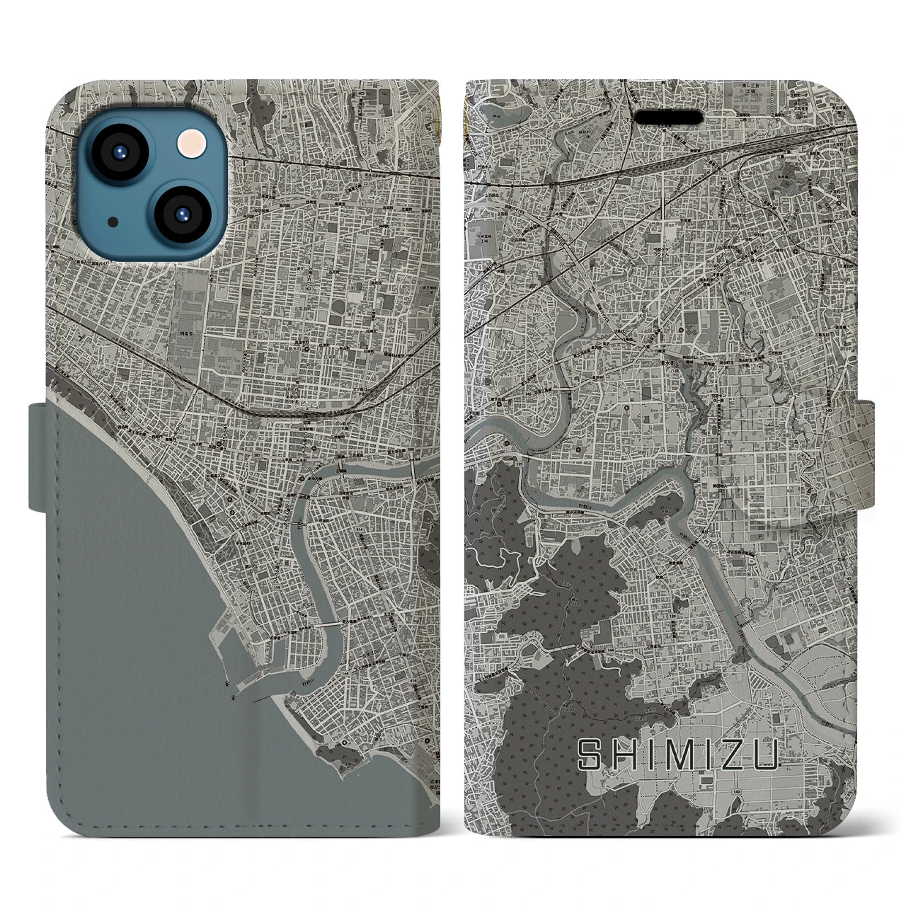 【清水(静岡県清水町)】地図柄iPhoneケース(手帳タイプ)モノトーン・iPhone 13 用
