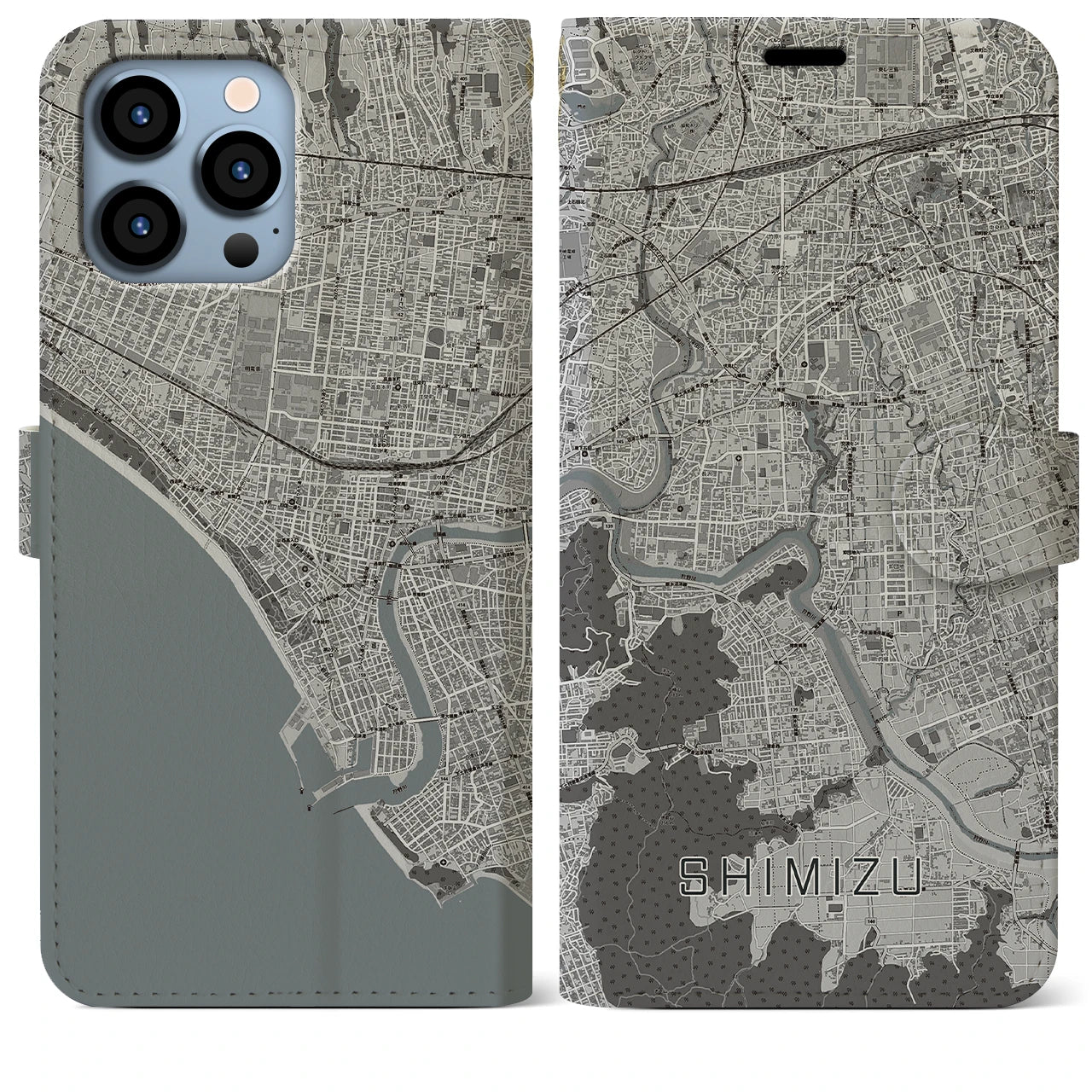 【清水(静岡県清水町)】地図柄iPhoneケース(手帳タイプ)モノトーン・iPhone 13 Pro Max 用