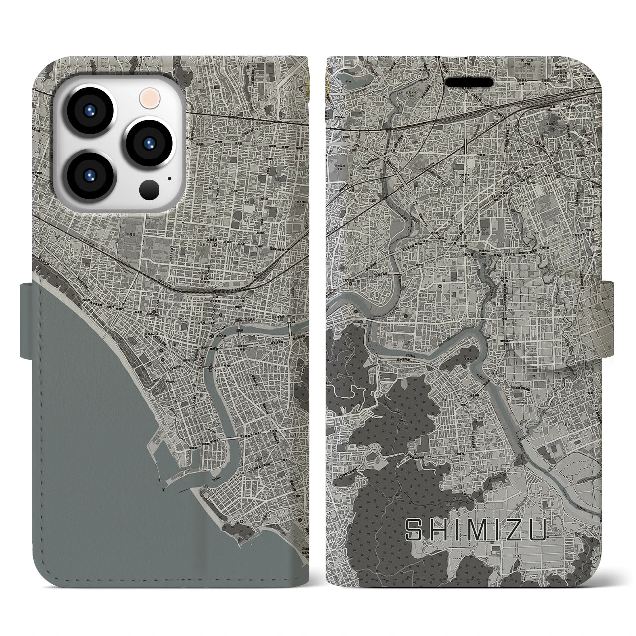 【清水(静岡県清水町)】地図柄iPhoneケース(手帳タイプ)モノトーン・iPhone 13 Pro 用