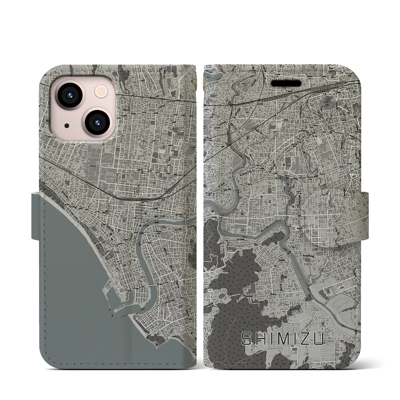 【清水(静岡県清水町)】地図柄iPhoneケース(手帳タイプ)モノトーン・iPhone 13 mini 用