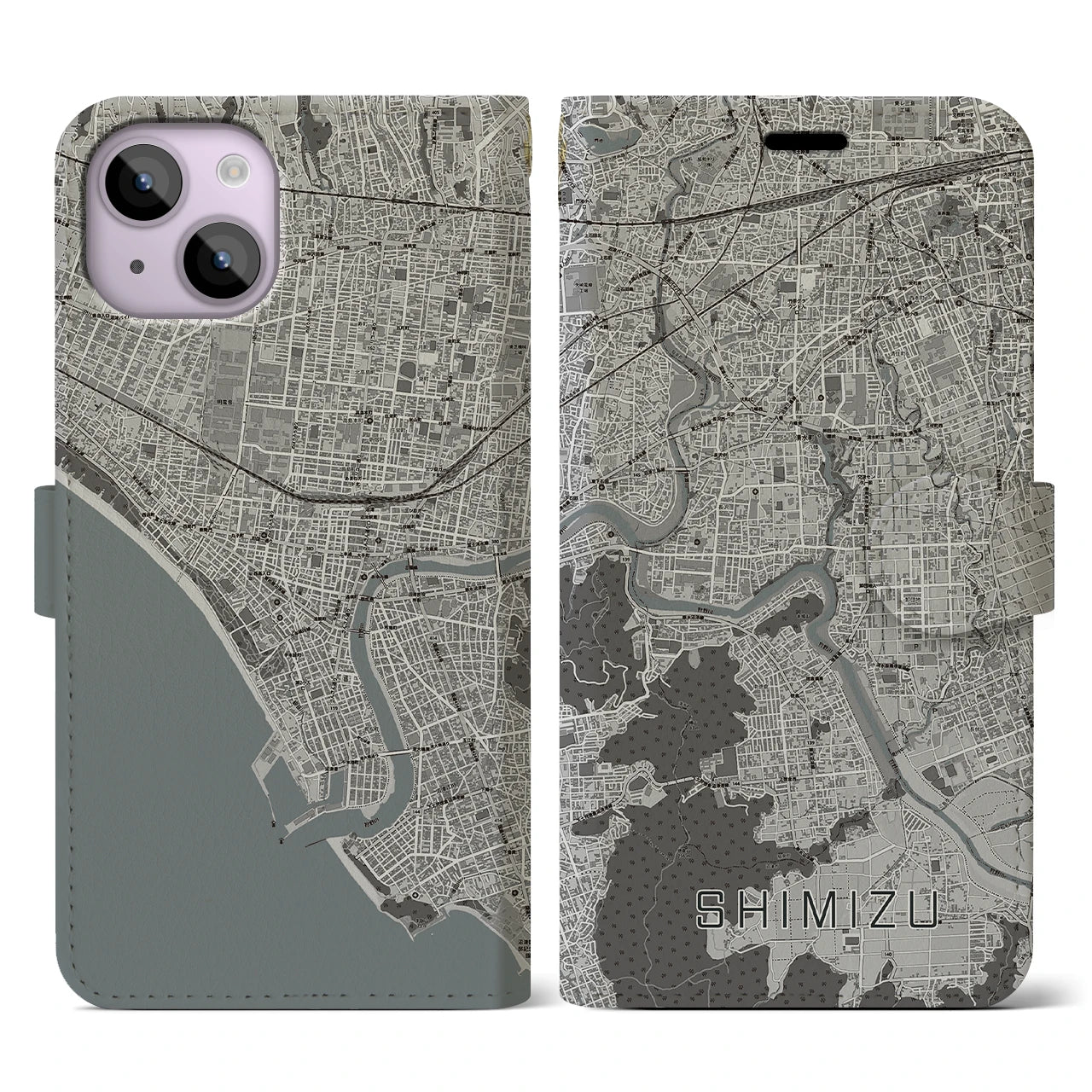 【清水(静岡県清水町)】地図柄iPhoneケース(手帳タイプ)モノトーン・iPhone 14 用