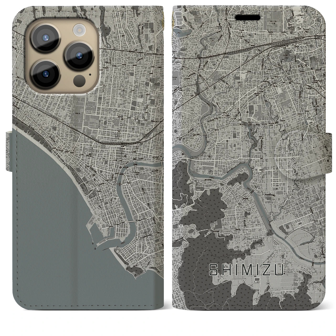 【清水(静岡県清水町)】地図柄iPhoneケース(手帳タイプ)モノトーン・iPhone 14 Pro Max 用