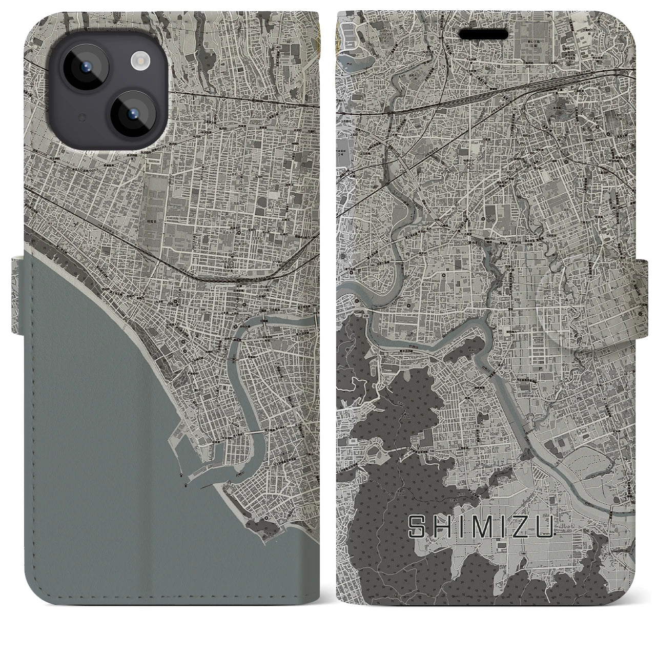【清水(静岡県清水町)】地図柄iPhoneケース(手帳タイプ)モノトーン・iPhone 14 Plus 用