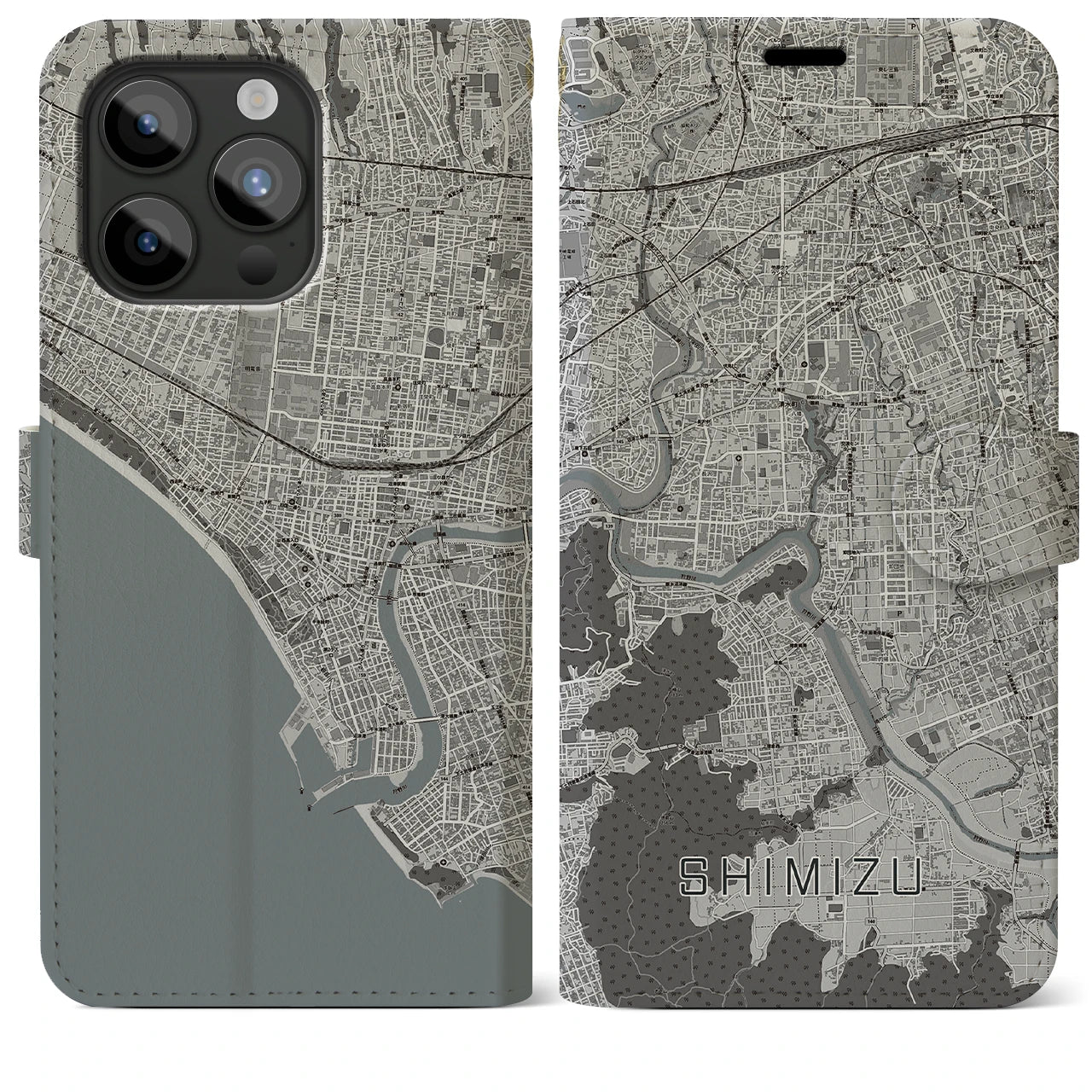 【清水(静岡県清水町)】地図柄iPhoneケース(手帳タイプ)モノトーン・iPhone 15 Pro Max 用