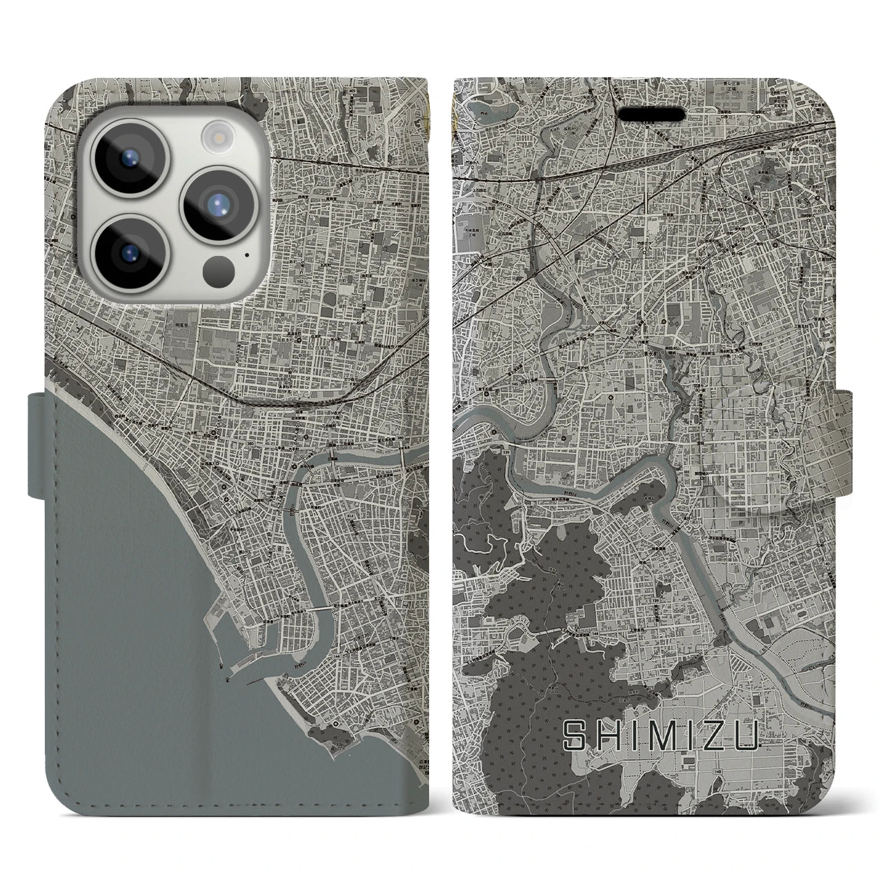 【清水(静岡県清水町)】地図柄iPhoneケース(手帳タイプ)モノトーン・iPhone 15 Pro 用