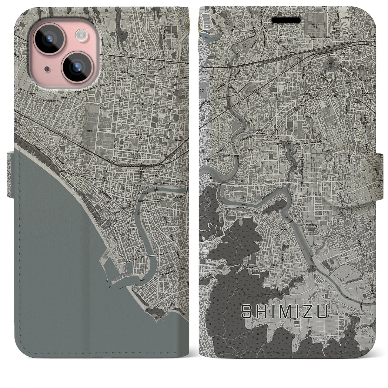 【清水(静岡県清水町)】地図柄iPhoneケース(手帳タイプ)モノトーン・iPhone 15 Plus 用