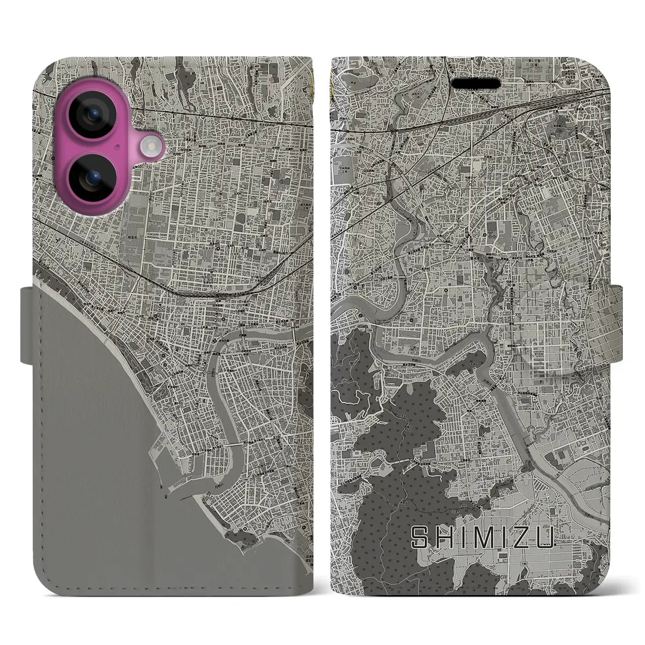 【清水(静岡県清水町)】地図柄iPhoneケース(手帳タイプ)モノトーン・iPhone 16 Pro 用