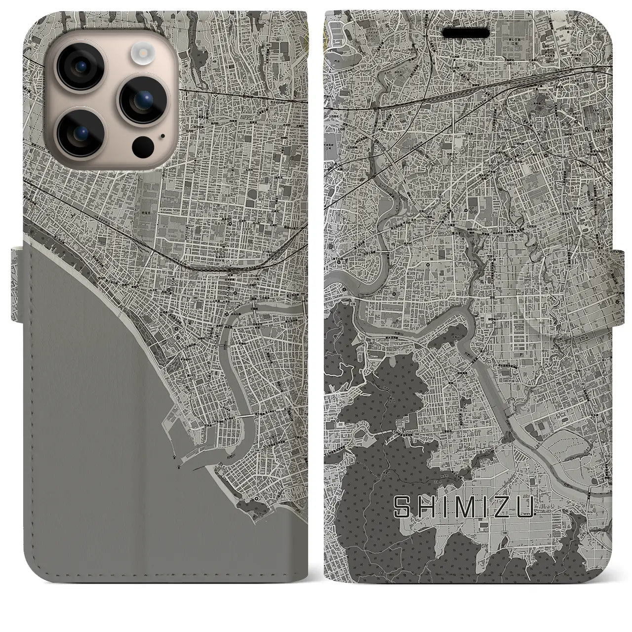 【清水(静岡県清水町)】地図柄iPhoneケース(手帳タイプ)モノトーン・iPhone 16 Plus 用