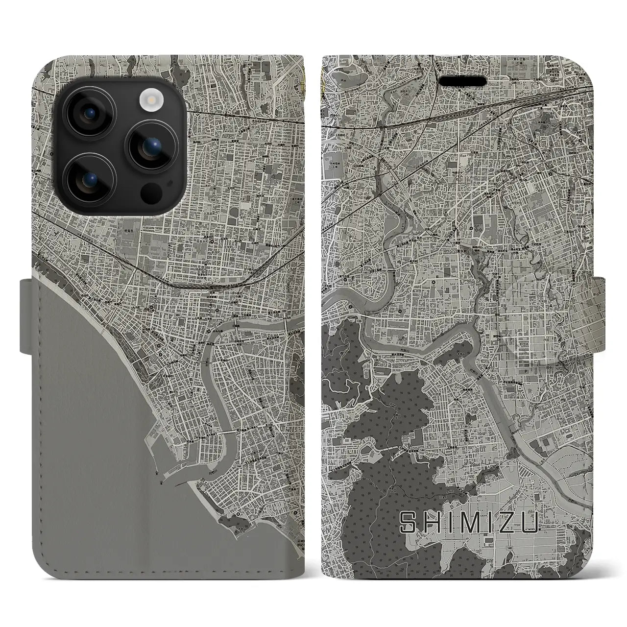 【清水(静岡県清水町)】地図柄iPhoneケース(手帳タイプ)モノトーン・iPhone 16 用