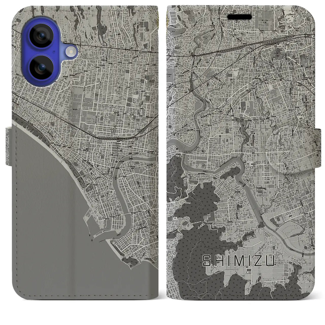 【清水(静岡県清水町)】地図柄iPhoneケース(手帳タイプ)モノトーン・iPhone 16 Pro Max 用