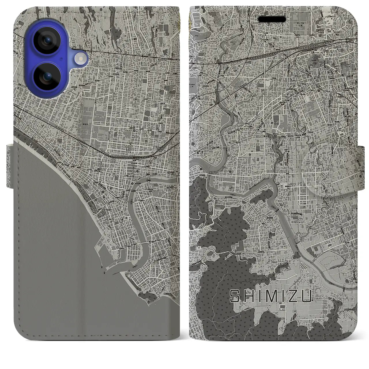 【清水(静岡県清水町)】地図柄iPhoneケース(手帳タイプ)モノトーン・iPhone 16 Pro Max 用