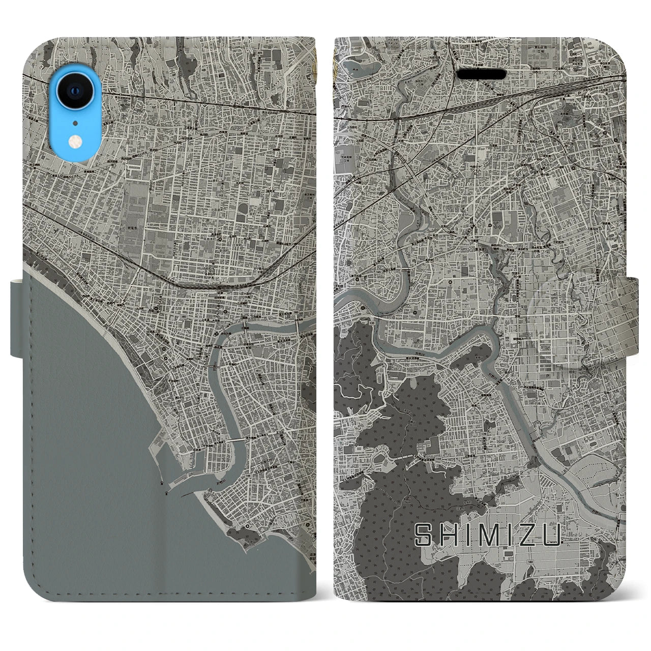 【清水(静岡県清水町)】地図柄iPhoneケース(手帳タイプ)モノトーン・iPhone XR 用