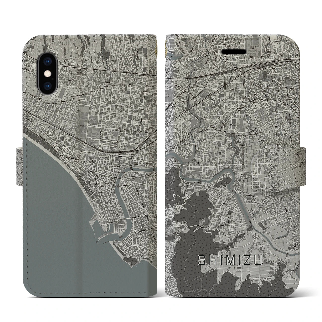 【清水(静岡県清水町)】地図柄iPhoneケース(手帳タイプ)モノトーン・iPhone XS / X 用