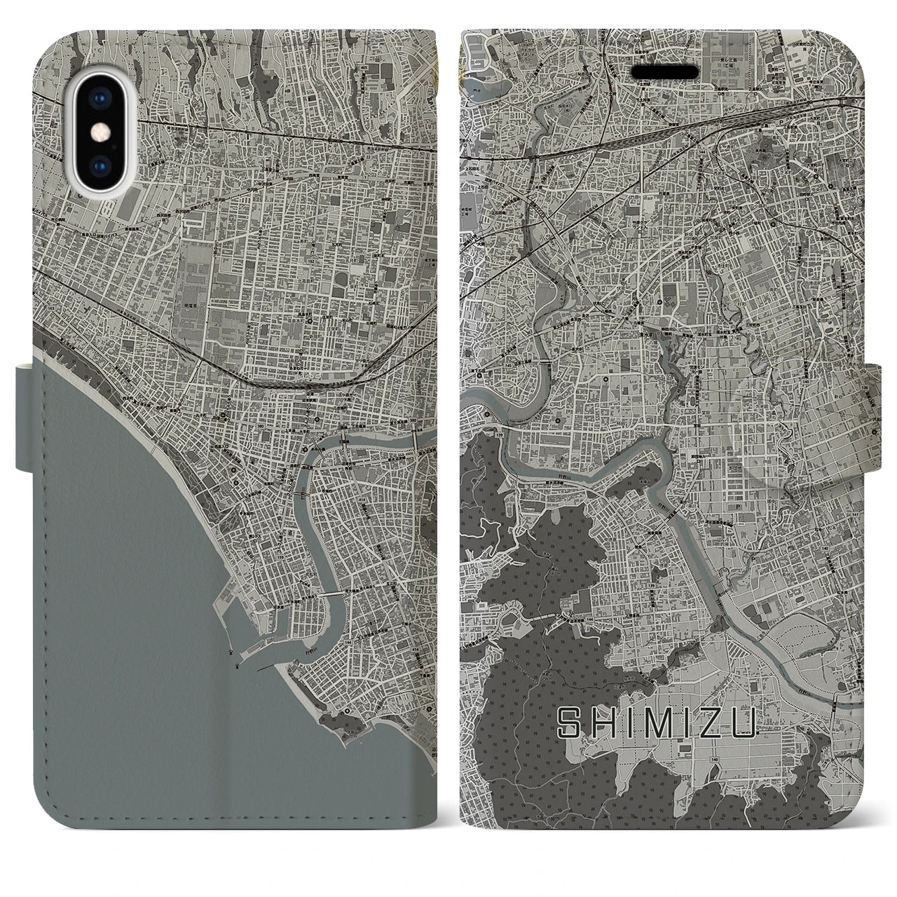 【清水(静岡県清水町)】地図柄iPhoneケース(手帳タイプ)モノトーン・iPhone XS Max 用