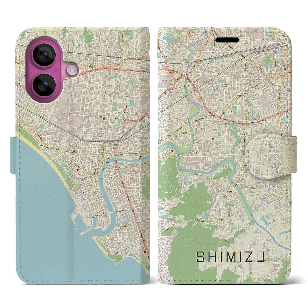【清水(静岡県清水町)】地図柄iPhoneケース(手帳タイプ)ナチュラル・iPhone 16 Pro 用