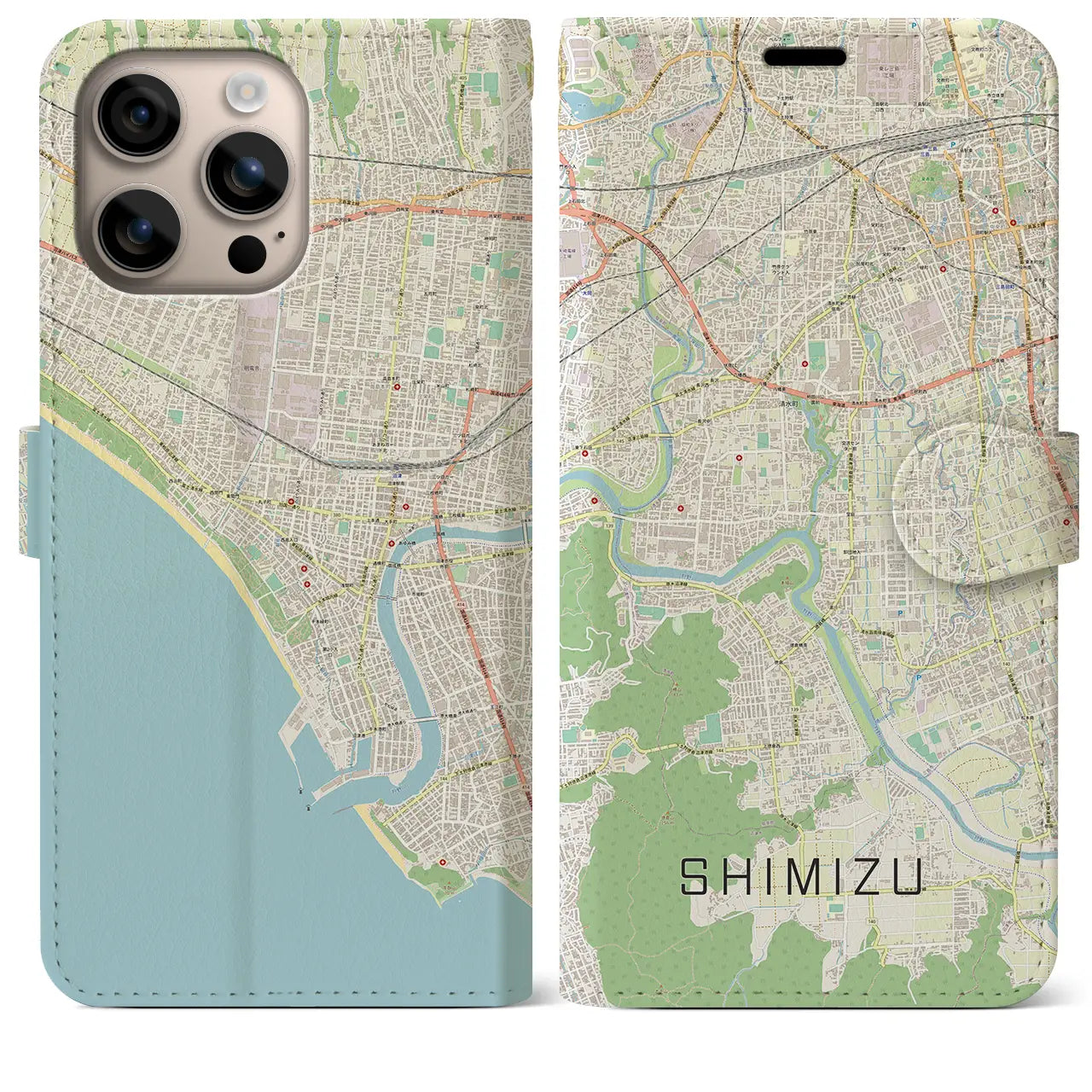 【清水(静岡県清水町)】地図柄iPhoneケース(手帳タイプ)ナチュラル・iPhone 16 Plus 用