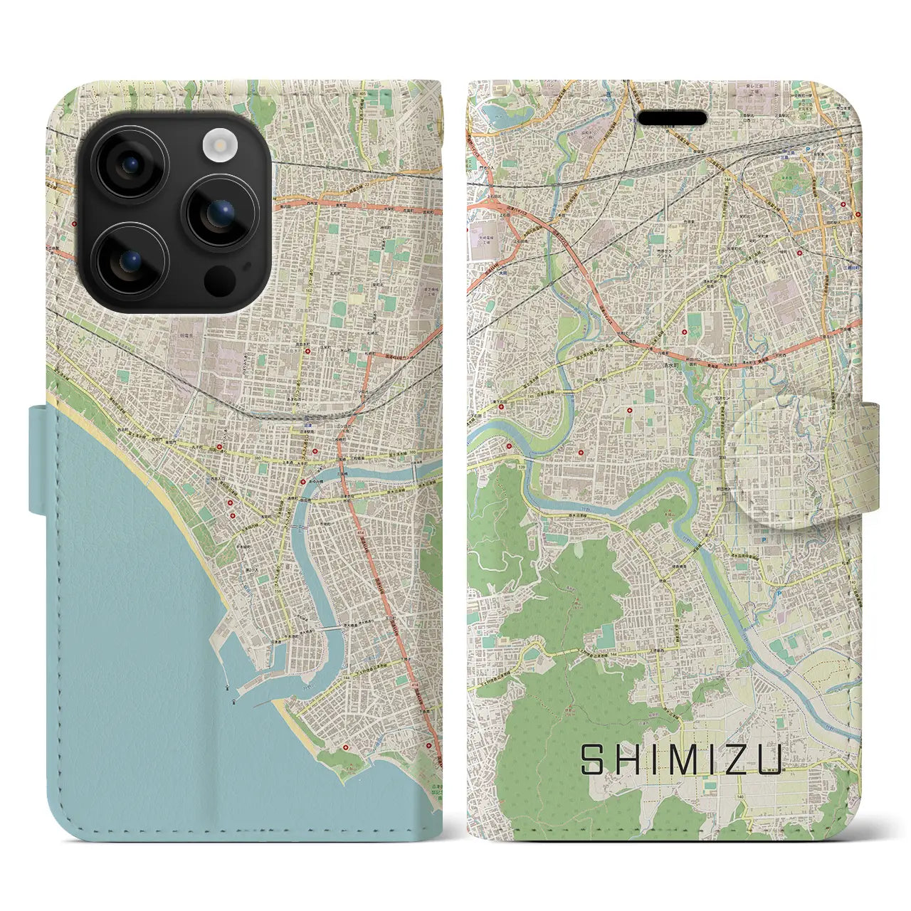 【清水(静岡県清水町)】地図柄iPhoneケース(手帳タイプ)ナチュラル・iPhone 16 用