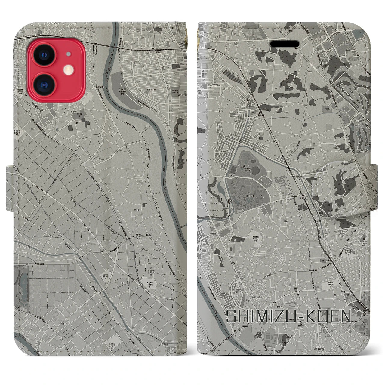 【清水公園(千葉県)】地図柄iPhoneケース(手帳タイプ)モノトーン・iPhone 11 用