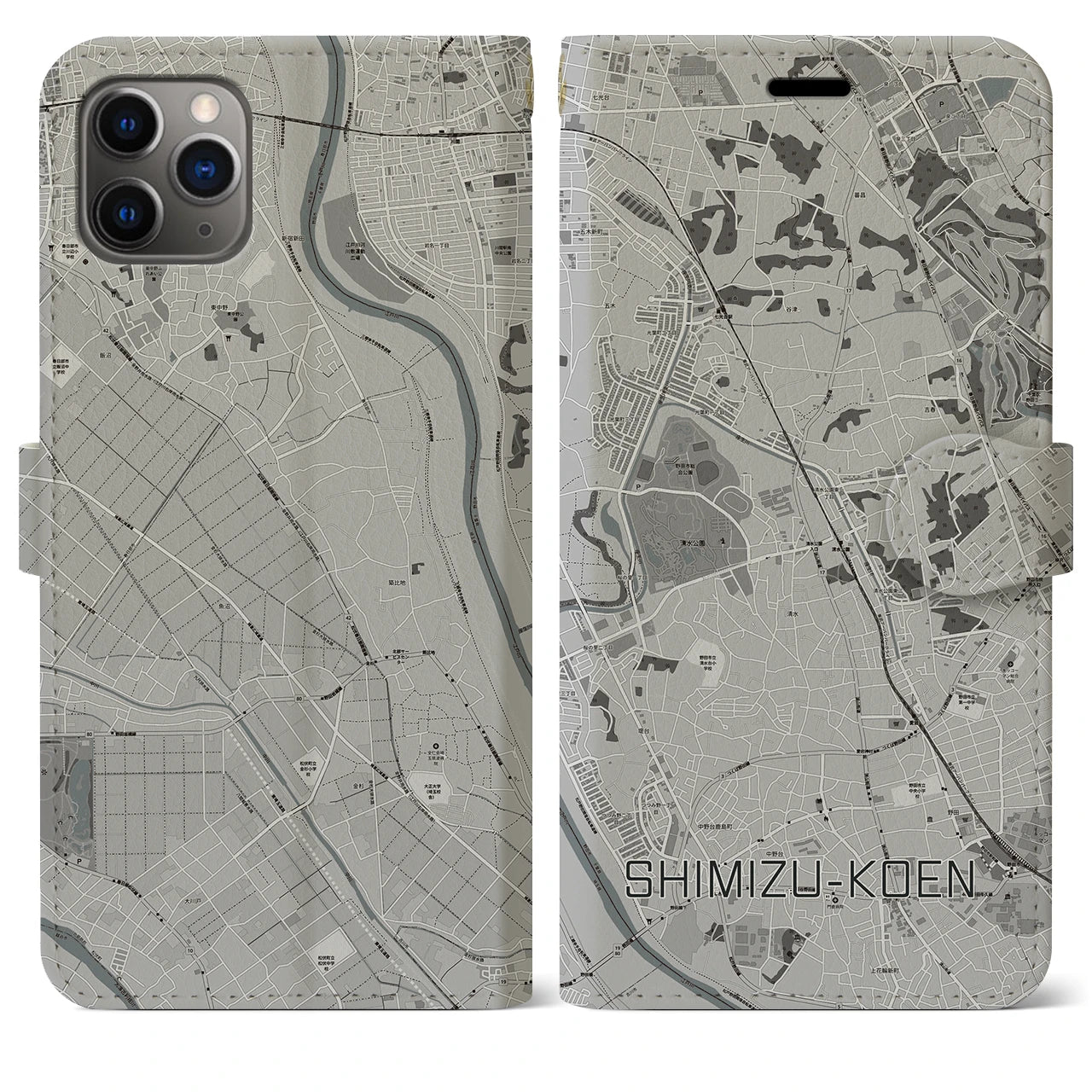 【清水公園(千葉県)】地図柄iPhoneケース(手帳タイプ)モノトーン・iPhone 11 Pro Max 用