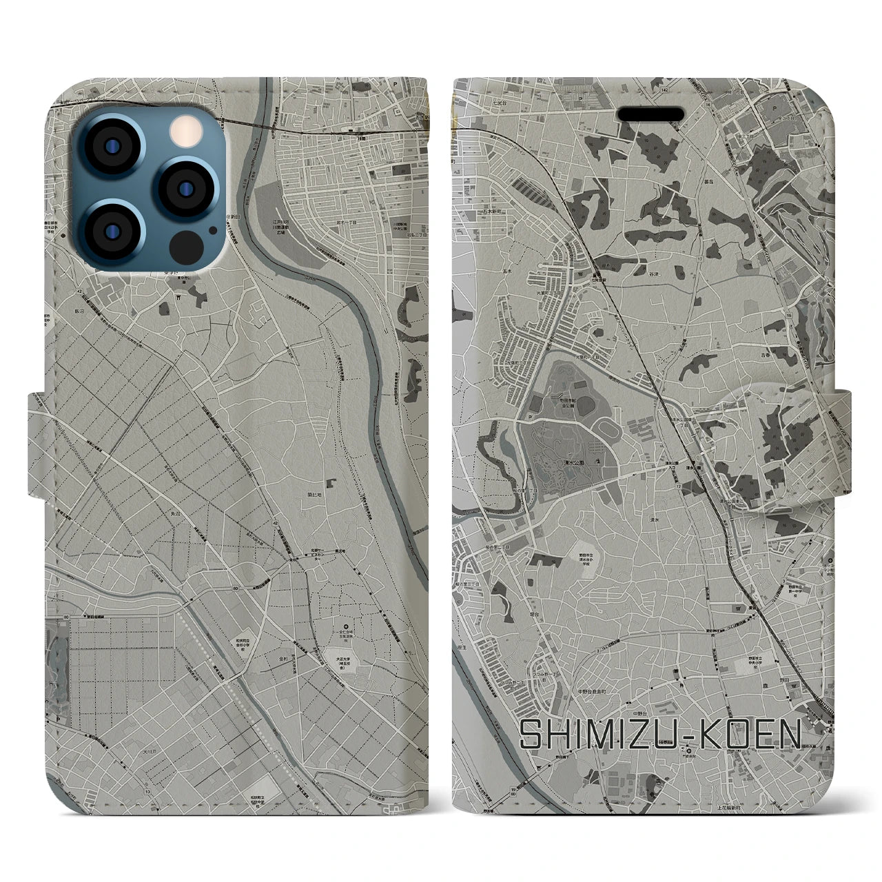 【清水公園(千葉県)】地図柄iPhoneケース(手帳タイプ)モノトーン・iPhone 12 / 12 Pro 用