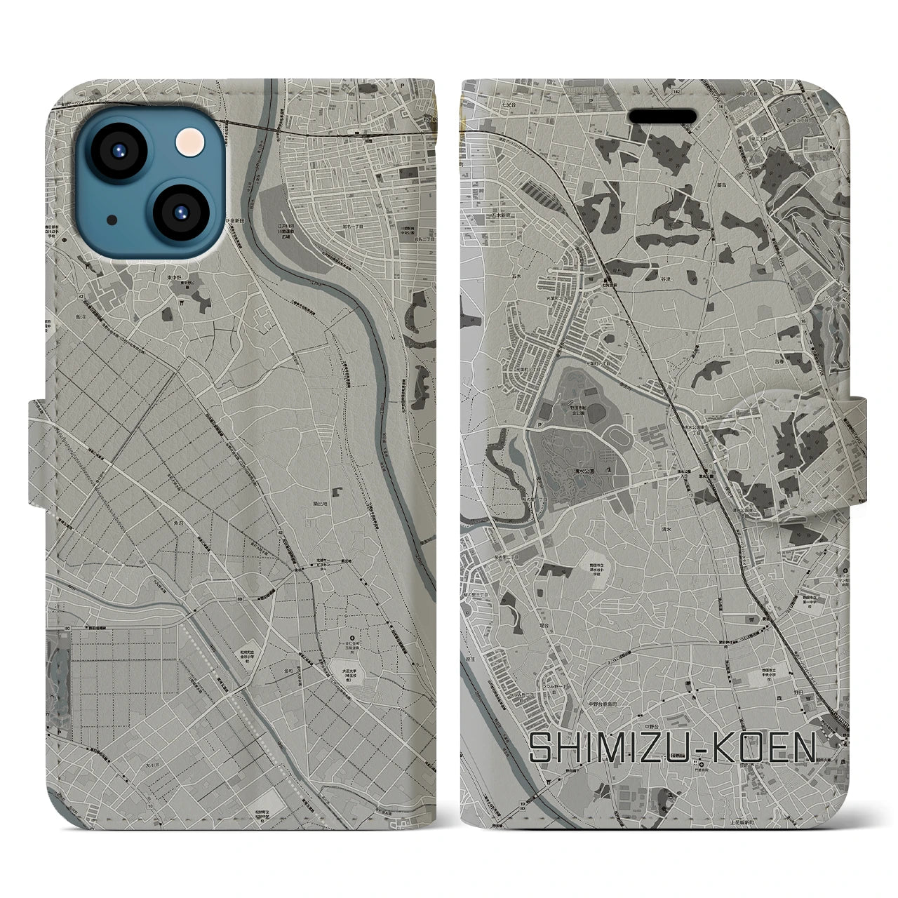 【清水公園(千葉県)】地図柄iPhoneケース(手帳タイプ)モノトーン・iPhone 13 用