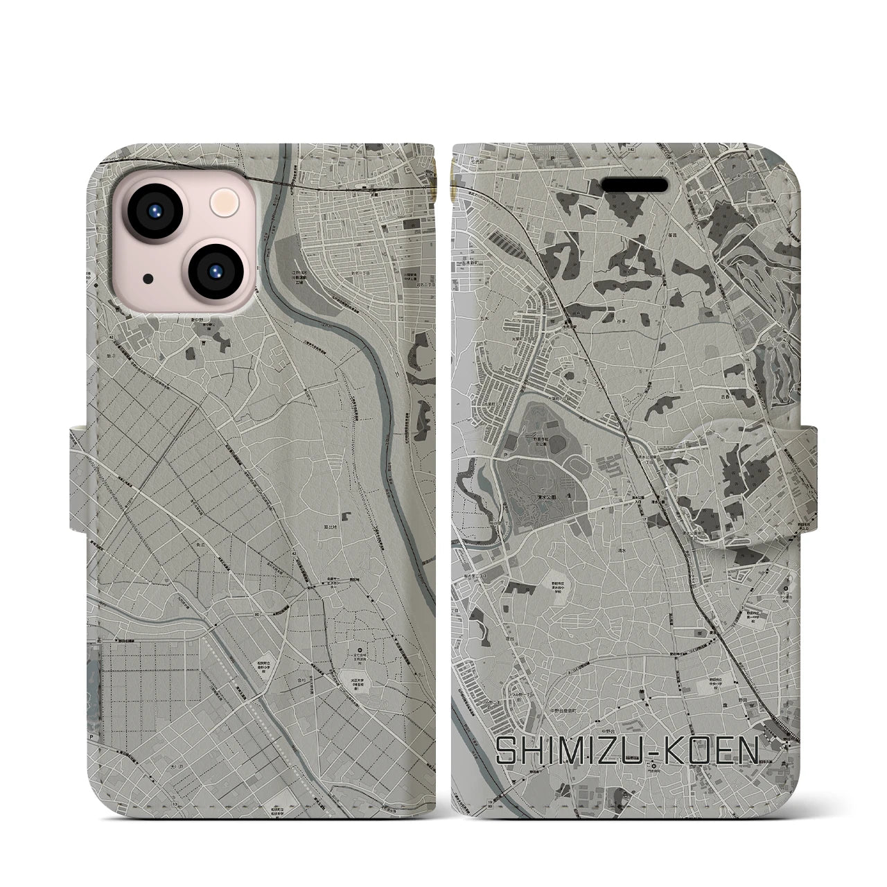 【清水公園(千葉県)】地図柄iPhoneケース(手帳タイプ)モノトーン・iPhone 13 mini 用