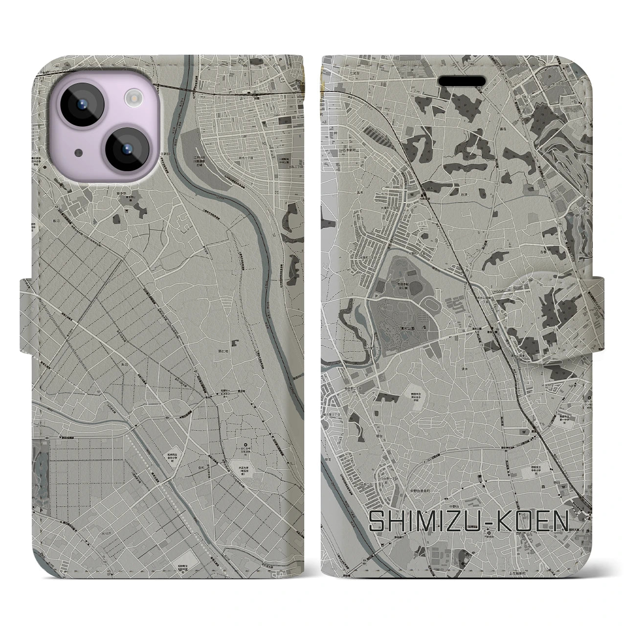 【清水公園(千葉県)】地図柄iPhoneケース(手帳タイプ)モノトーン・iPhone 14 用