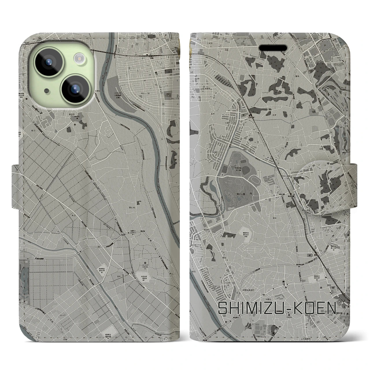 【清水公園(千葉県)】地図柄iPhoneケース(手帳タイプ)モノトーン・iPhone 15 用