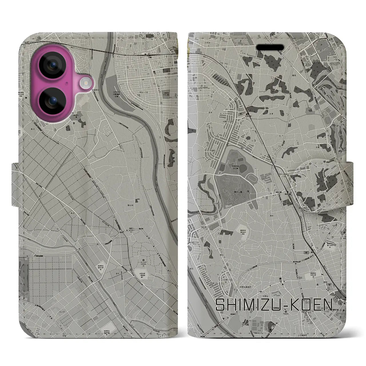 【清水公園(千葉県)】地図柄iPhoneケース(手帳タイプ)モノトーン・iPhone 16 Pro 用