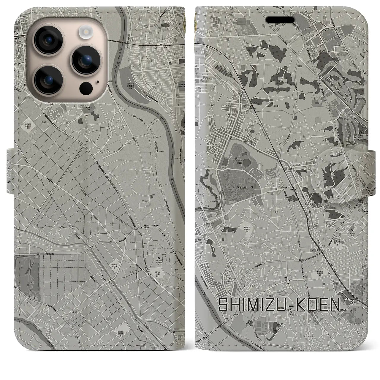 【清水公園(千葉県)】地図柄iPhoneケース(手帳タイプ)モノトーン・iPhone 16 Plus 用