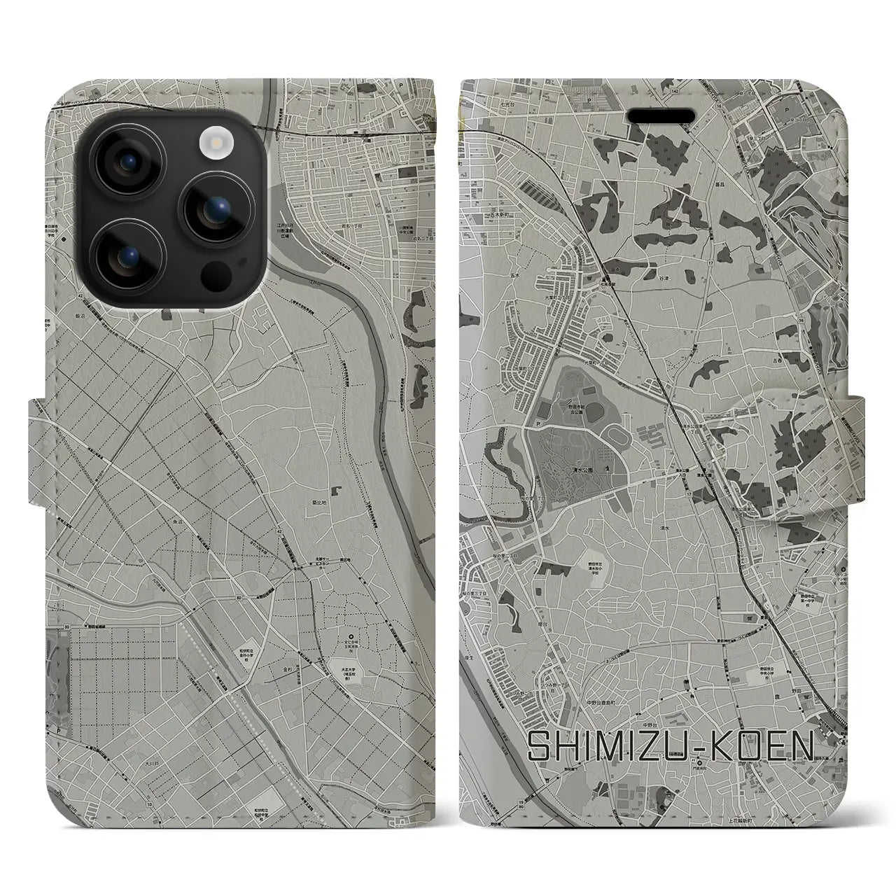 【清水公園(千葉県)】地図柄iPhoneケース(手帳タイプ)モノトーン・iPhone 16 用