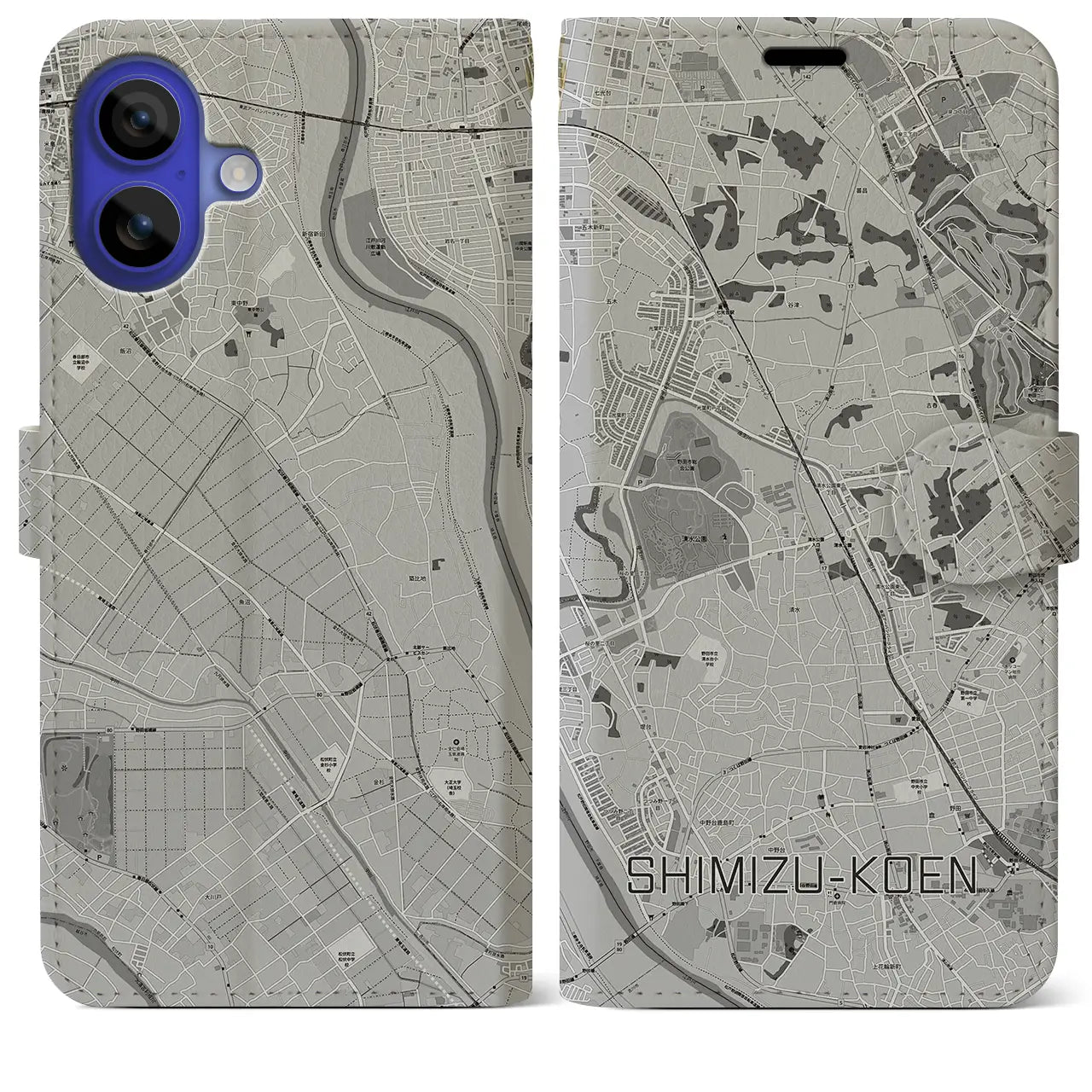 【清水公園(千葉県)】地図柄iPhoneケース(手帳タイプ)モノトーン・iPhone 16 Pro Max 用