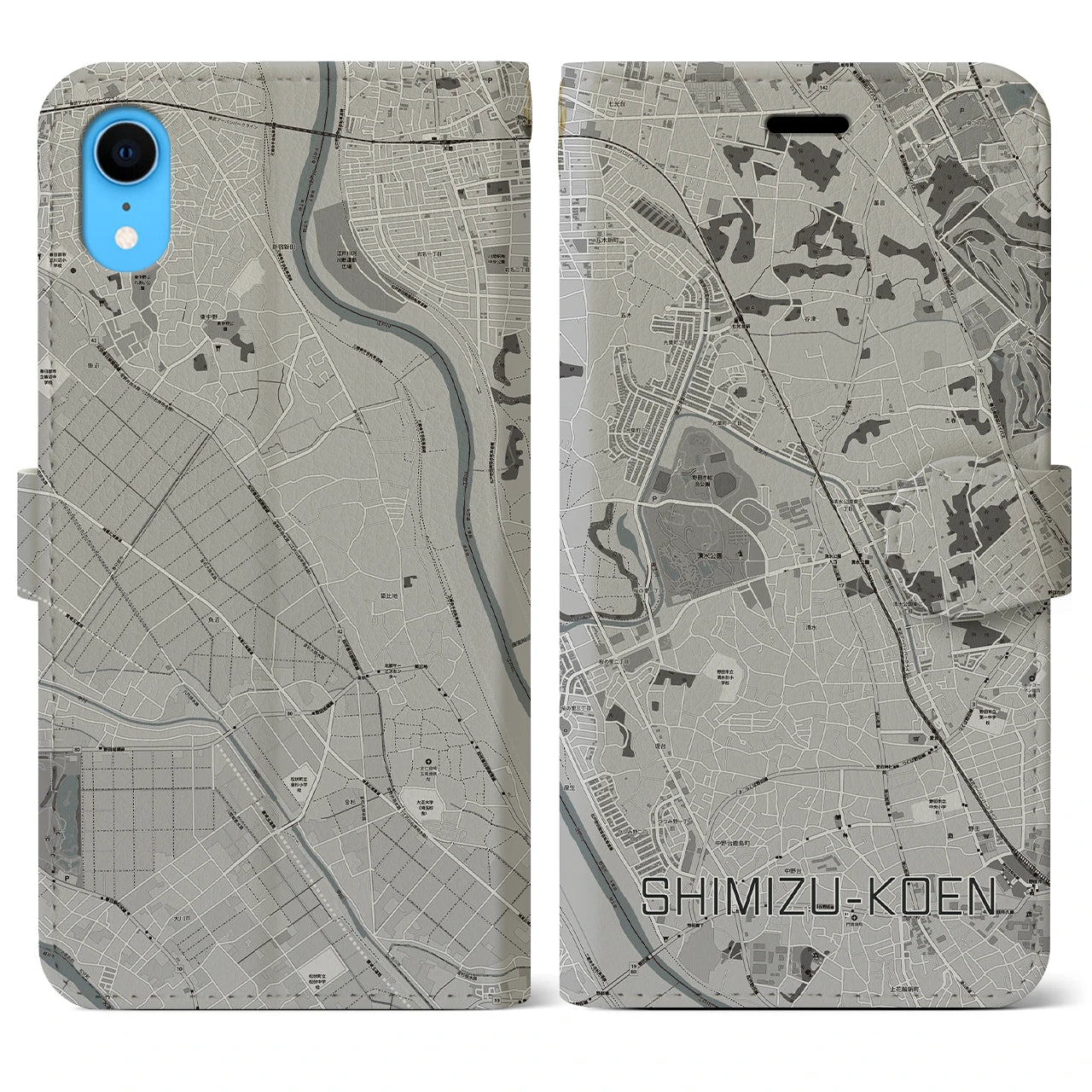 【清水公園(千葉県)】地図柄iPhoneケース(手帳タイプ)モノトーン・iPhone XR 用