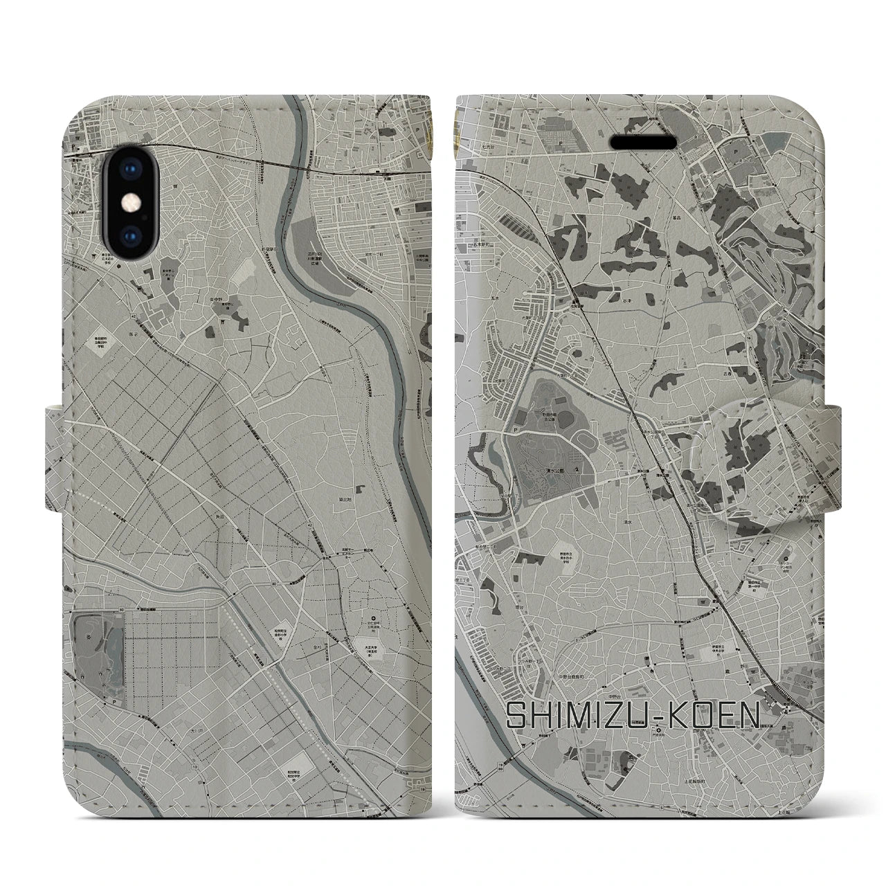 【清水公園(千葉県)】地図柄iPhoneケース(手帳タイプ)モノトーン・iPhone XS / X 用