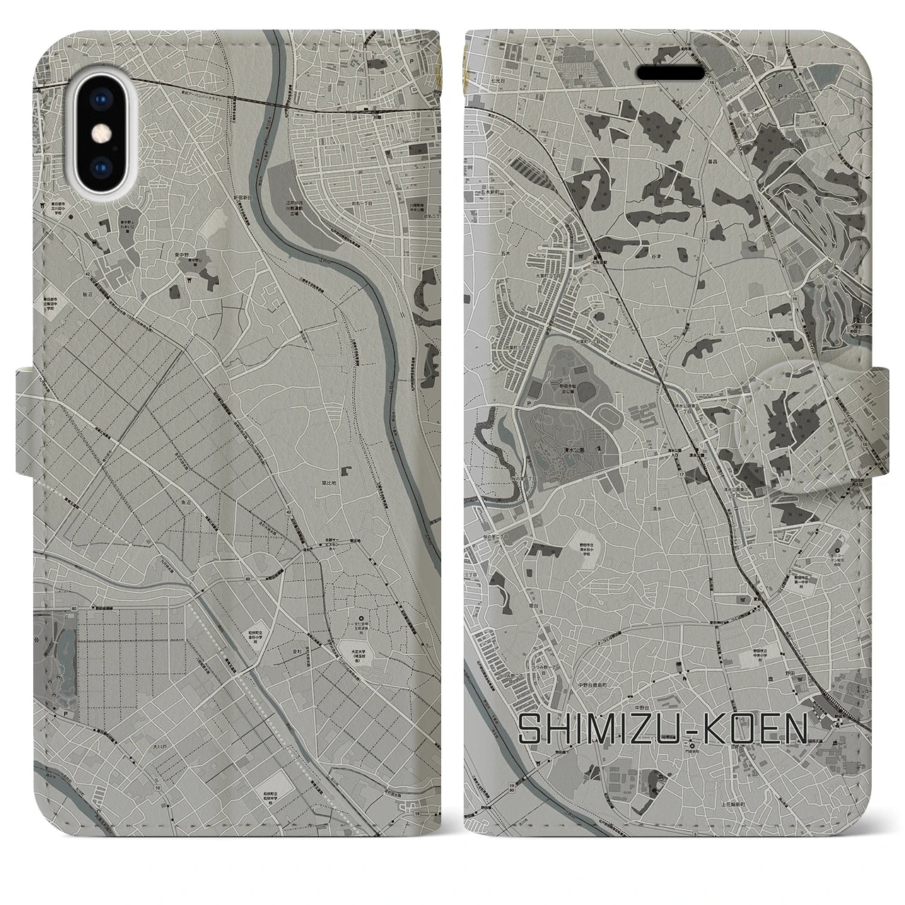 【清水公園(千葉県)】地図柄iPhoneケース(手帳タイプ)モノトーン・iPhone XS Max 用