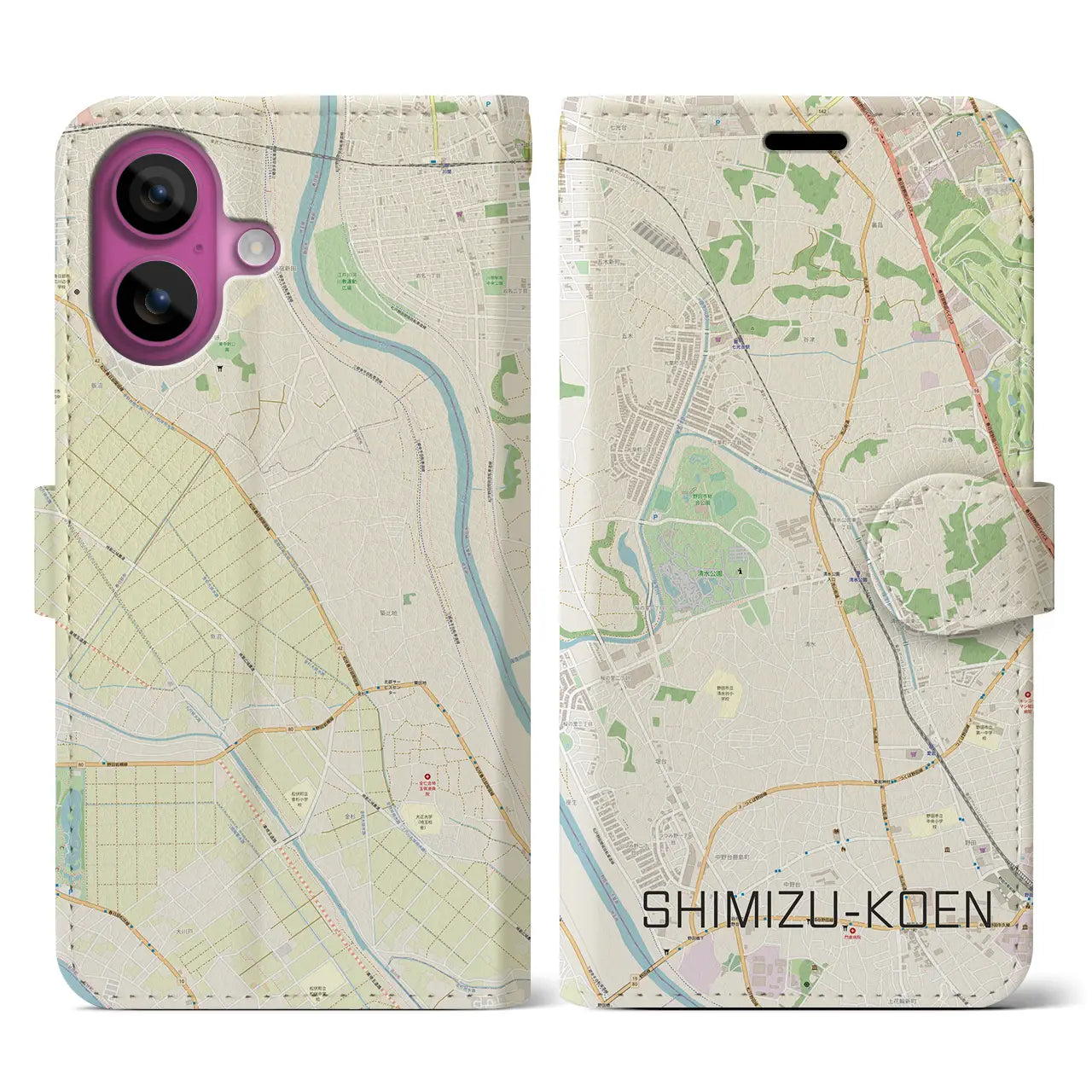 【清水公園(千葉県)】地図柄iPhoneケース(手帳タイプ)ナチュラル・iPhone 16 Pro 用