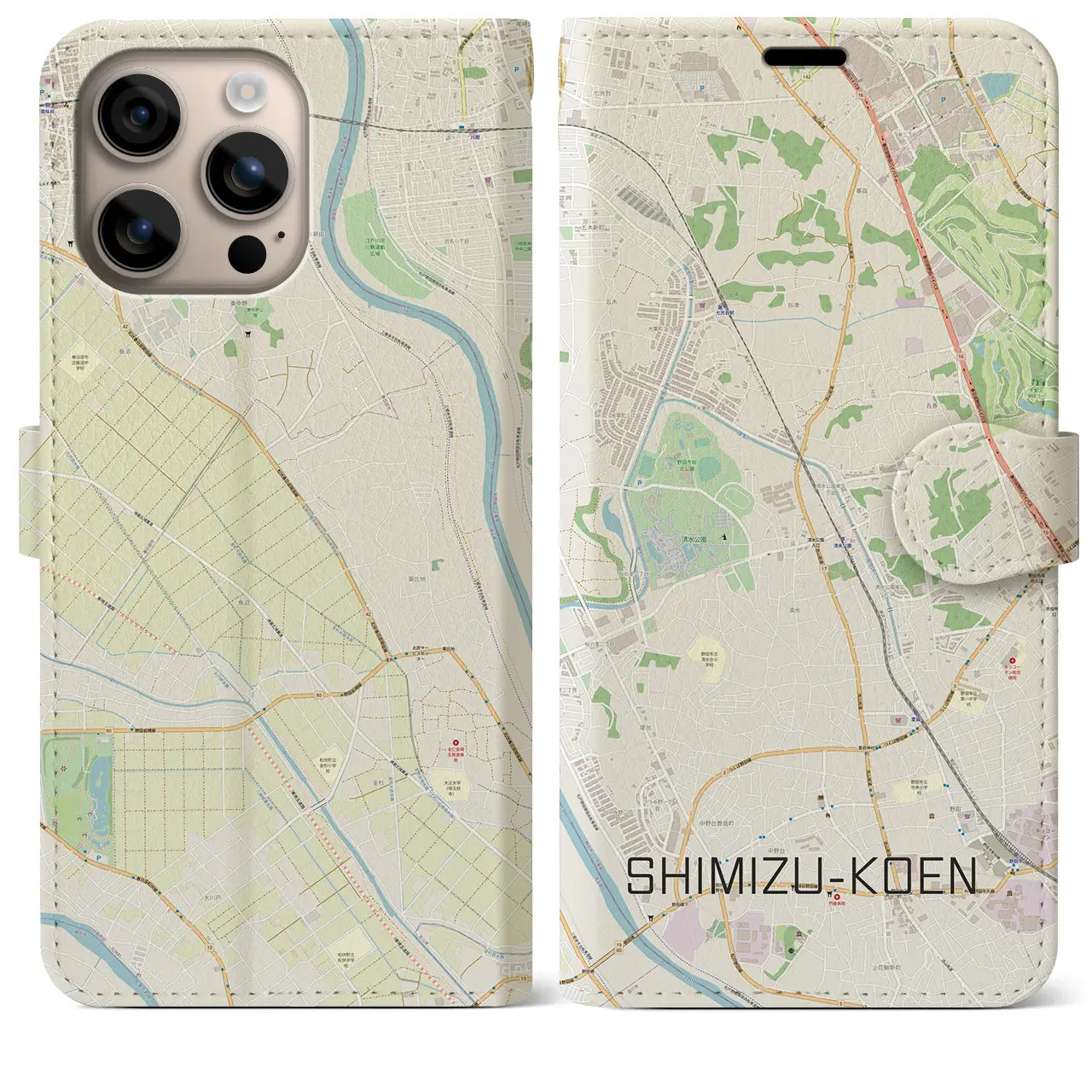 【清水公園(千葉県)】地図柄iPhoneケース(手帳タイプ)ナチュラル・iPhone 16 Plus 用