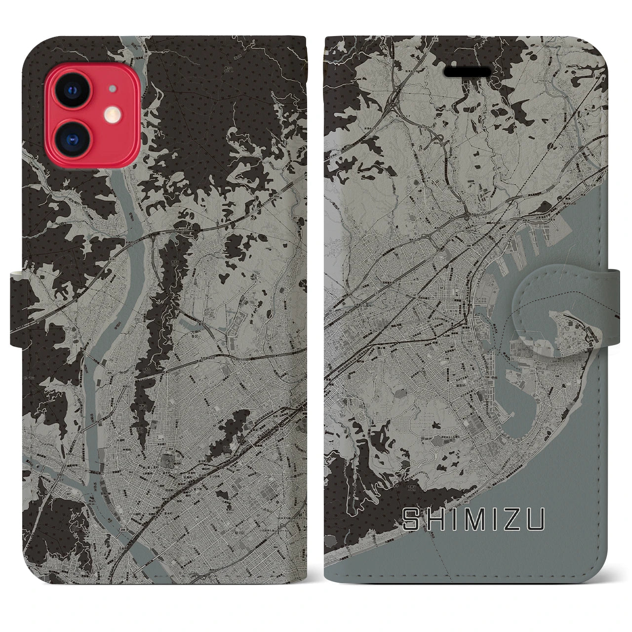 【清水(静岡県)】地図柄iPhoneケース(手帳タイプ)モノトーン・iPhone 11 用