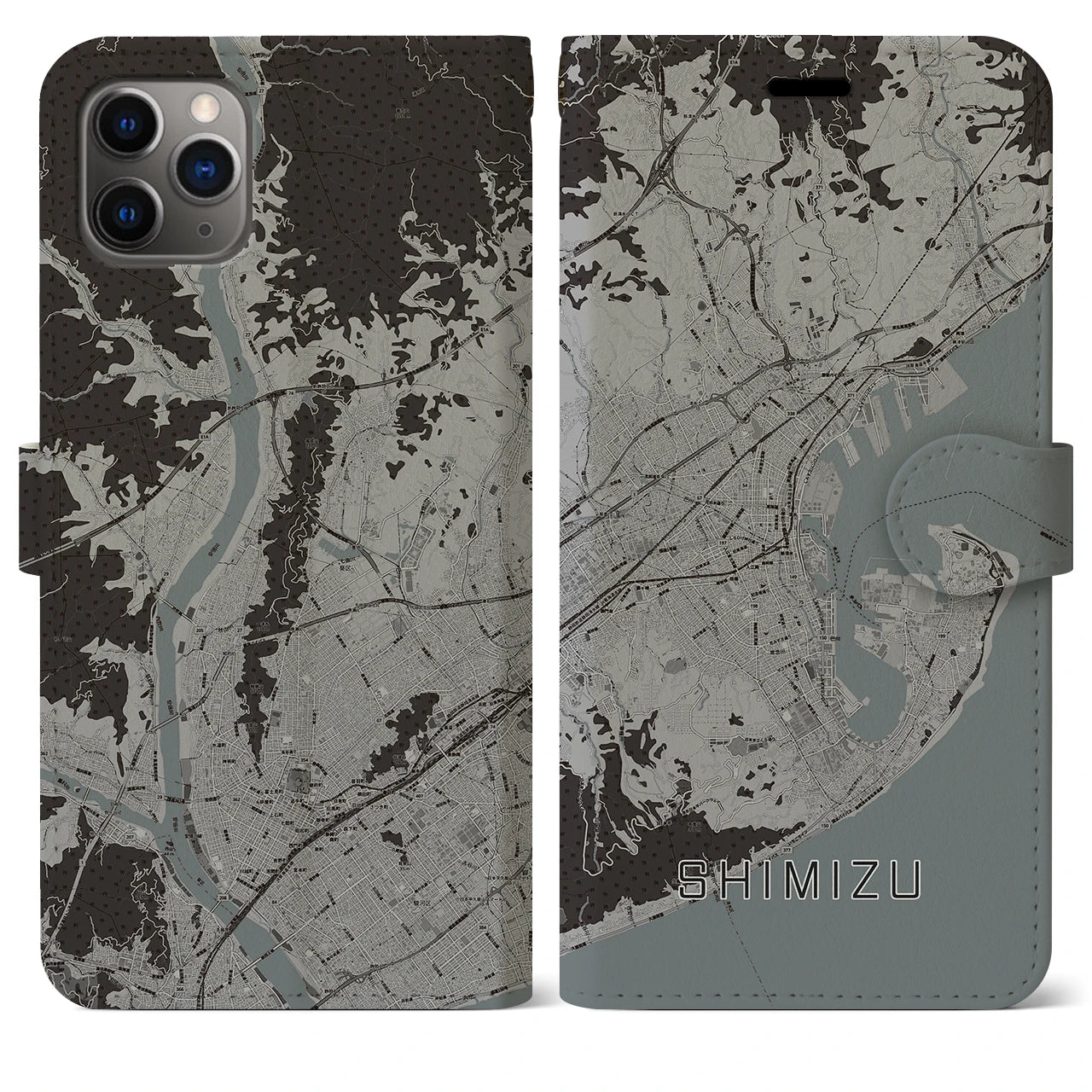 【清水(静岡県)】地図柄iPhoneケース(手帳タイプ)モノトーン・iPhone 11 Pro Max 用