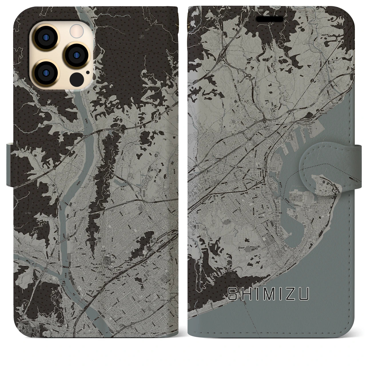 【清水(静岡県)】地図柄iPhoneケース(手帳タイプ)モノトーン・iPhone 12 Pro Max 用