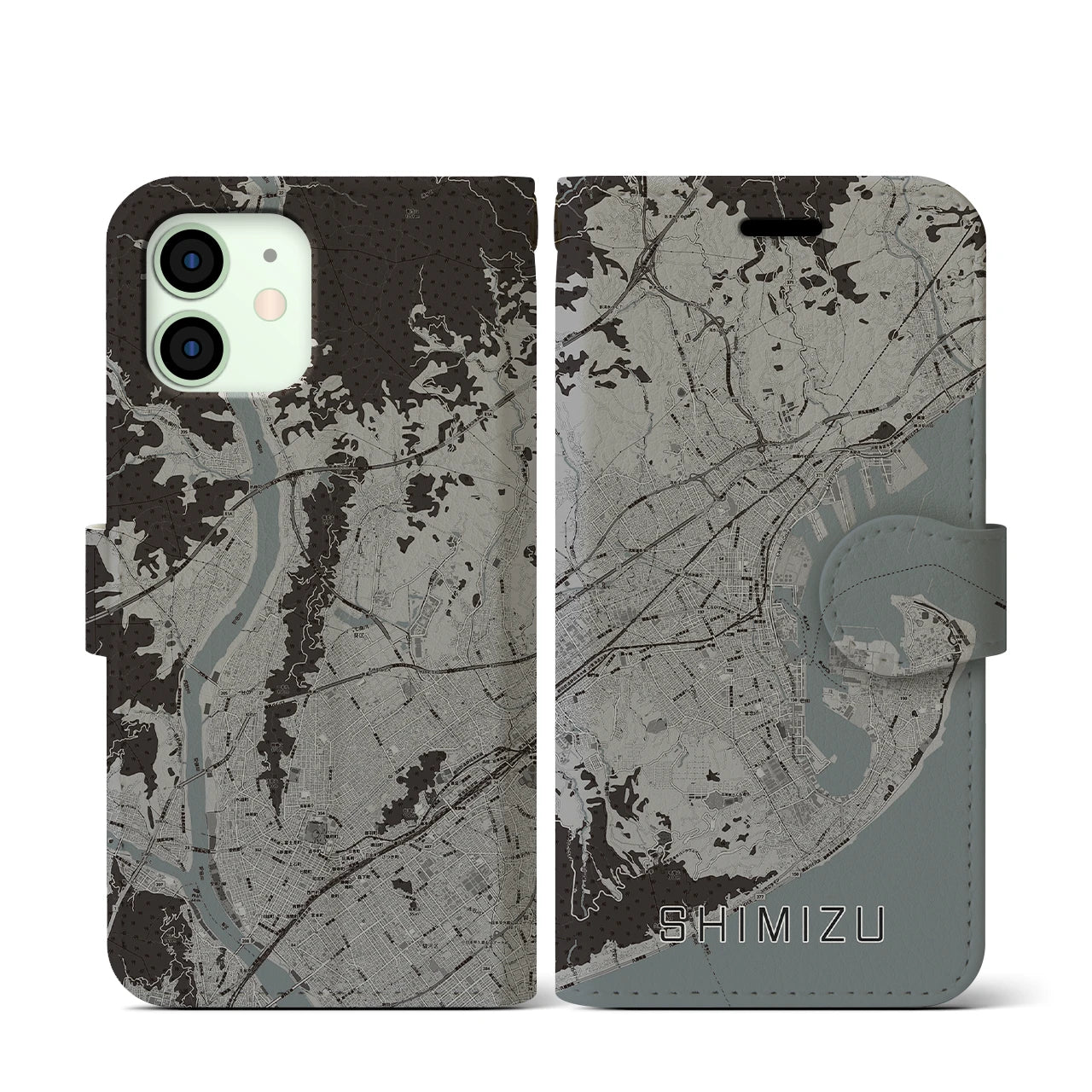 【清水(静岡県)】地図柄iPhoneケース(手帳タイプ)モノトーン・iPhone 12 mini 用