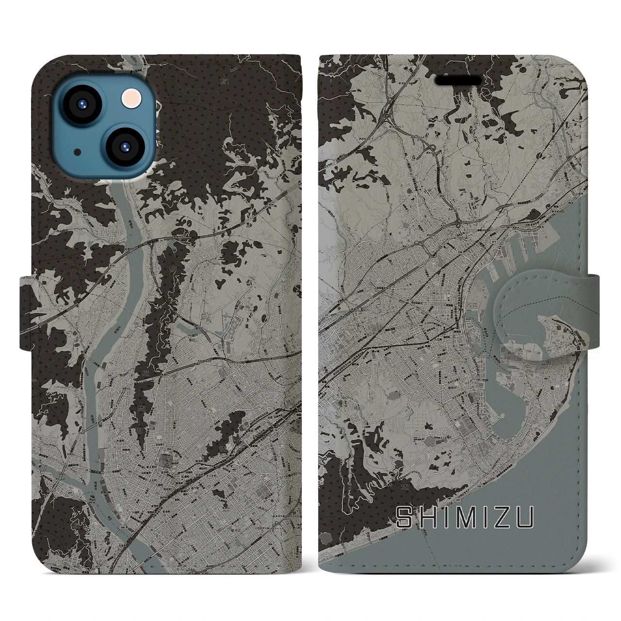 【清水(静岡県)】地図柄iPhoneケース(手帳タイプ)モノトーン・iPhone 13 用