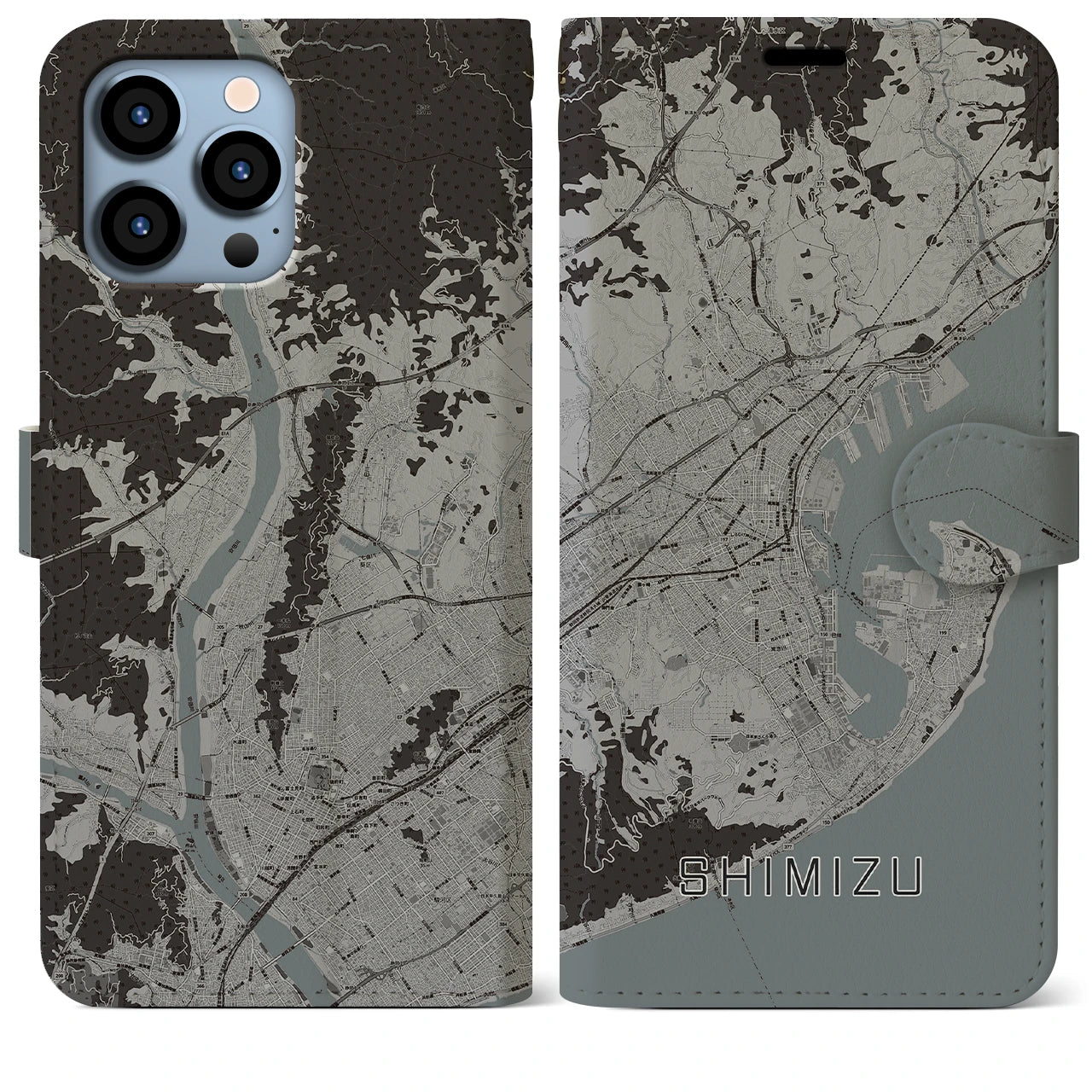 【清水(静岡県)】地図柄iPhoneケース(手帳タイプ)モノトーン・iPhone 13 Pro Max 用