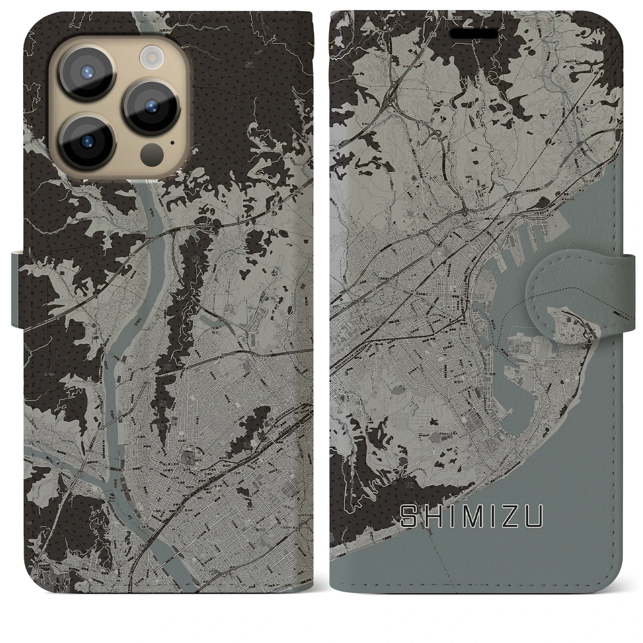 【清水(静岡県)】地図柄iPhoneケース(手帳タイプ)モノトーン・iPhone 14 Pro Max 用